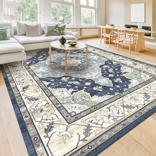 HOMFINE Vintage In-& Outdoor Tappeto-Camera da letto Tappeto Soggiorno Morbido Tappeto Sala da pranzo Antiscivolo Antimacchia Tappeto Sottile Lavabile in lavatrice Tappeto Decor, Blu, 120 x 170 cm