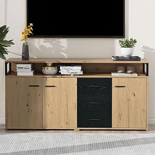 Merax Sideboard Aufbewahrungsschrank, Moderne Anrichte mit 3 Türen und 3 Schubladen, verstellbares Regal, Mehrzweckschrank Beistellschrank für Esszimmer Wohnzimmer, Eiche & Schwarz, 150x35x75,9 cm