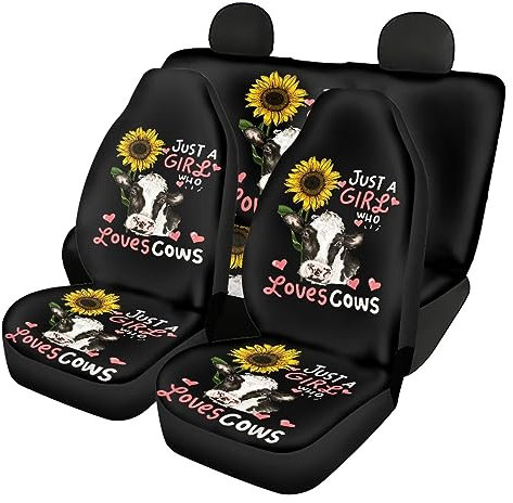 ZIATUBLES Autositzbezüge Sonnenblume Kuh Schwarz Druck Full Set Universal Fit Sitzbezug für für Autos LKW Van SUV Waschbar Auto Sitzbezug Auto Dekor Zubehör