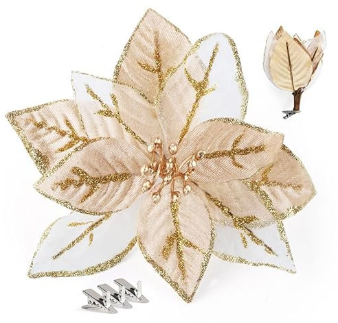 Kunstblumen,16 Künstliche Blumen Inklusive Clips für Weihnachtsbaumschmuck&Christbaumschmuck,Weihnachtsbaum Deko&Tisch Deko&Adventskranz deko&Weihnachtsdeko,ca.15cm,Champagner,mit 5 Silber Clips