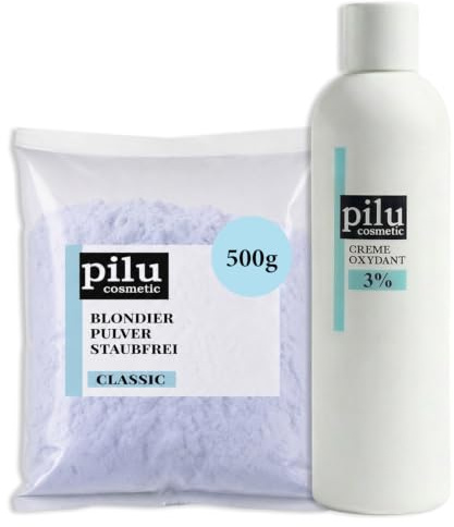 pilu cosmetic Blondierungspulver Set: 500g Blondierpulver im Beutel + 1000ml Creme Oxydant (3%) I Schonende Aufheller Blondierung mit Anti-Gelbstich I Wasserstoffperoxid Entwickler