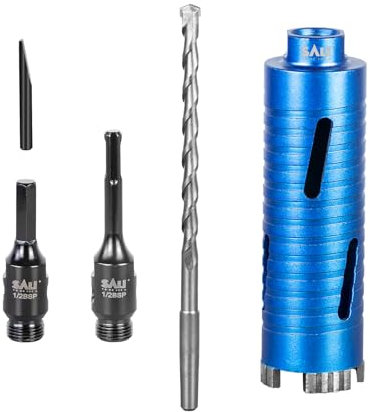 Diamond Core Drill Bit Set - 52mm x 150mm Turbo Laser-Welded Segments for Concrete, Brick, Block, Stone Masonry, Granite with SDS Adapter, Hex Shank Adapter, Centre Bit
