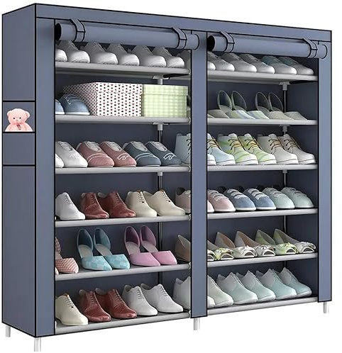 SEVERNO Schuhregal, Schuhschrank XXL, Garderobe mit Schuhschrank, Stoffschrank Regal mit 12 Einlegeböden, 2 Außenfächern und Schwarzem Metallrahmen, Material: 100% PE, Abmessungen: 118x108x30cm