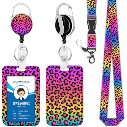 Ausweishalter mit Regenbogen-Leopardenmuster, abnehmbare Namensschild-Clips, niedlich, lustig, Krankenschwester, Lehrer, Büro, Geschenke, Damen, Mann, Katze, Ausweishalter (Leopardenmuster)