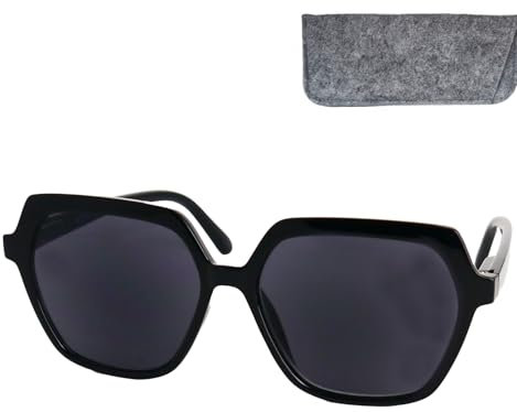 Stilvolle Sonnenbrille Sechseckig Damen mit Sehstärke, Leichten Kunststoff Brillengestell mit (Schwarz) und großen Gläsern, Gratis Etui, Moderne Lesesonnenbrille +1.0 Dioptrien