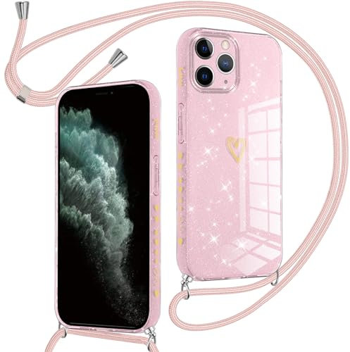 Oelrstfe Paillette Coque pour iPhone 11 Pro avec Cordon de Collier,Étui Housse Souple Silicone avec Motif Coeur et Lanyard Bandoulière Réglable,Antichoc Anti-Chute Paillettes Protection Case,Rose