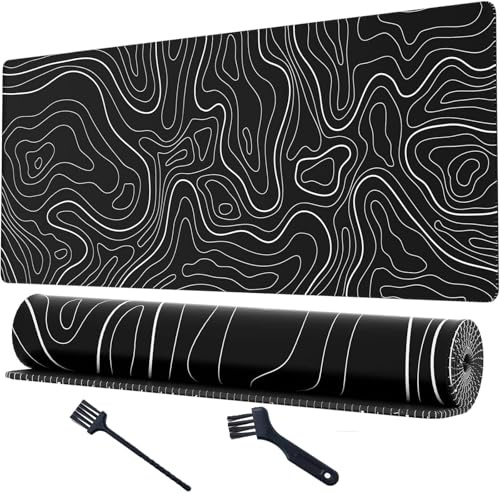 Mis.Moon Großes Gaming Mauspad, Topografische Karten mit Genähten Kanten, Mauspad Gaming, Stilvolles Mauspad mit Rutschfester Unterlage (Schwarz, 30 * 80cm)