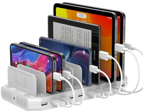 Alxum 96W 10 Ports USB A Charging Station, 5V 2.4A Equipped with 11 adjustable dividers, Simultaneous charging of multiple devices such as mobile phones, iPads, tablets-White