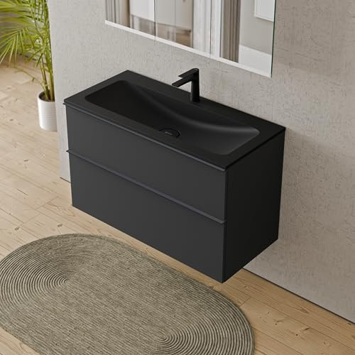 BERNSTEIN Badmöbel-Set Lavoa, Waschtisch-Unterschrank mit Waschbecken 100cm in Anthrazit - CREAM - Schwarz matt mit Hahnloch - 2 Schubladen, Griffe in Anthrazit, vormontiert, 5 Jahre Garantie