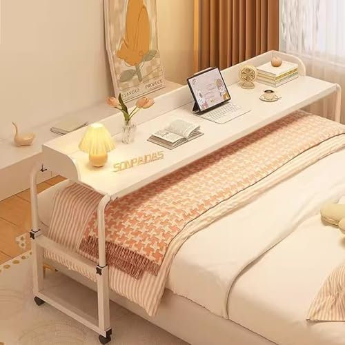 Adjustable Mobile Bedside Table, 360° Wheels Standing Workstation Laptop Cart, Rolling Tray Table for Living Room Laptop and Writing, Bedside Table with Heavy Metal Legs Laptop Table (White 120cm)