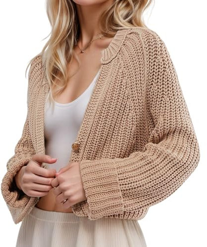 FindThy Women’s Cropped Cardigan Sweater V-Neck Long Sleeve Distressed Cable Knit Fall Outerwear Coat, Khaki, L