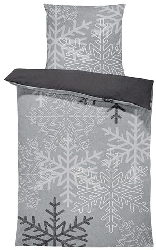 one-home Winter Bettwäsche 135x200 cm Schneeflocken Kristalle grau Flausch Warme Fleece