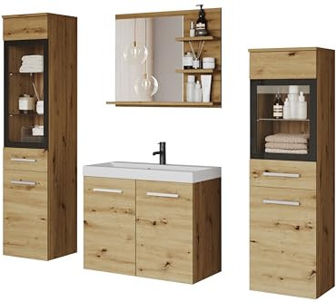 MINIO go for it - Badezimmermöbel Set Marit 1, ohne LED-Belechtung, Spiegel mit Regal, Schrank mit Waschbecken, Laminierte Spannplatte, Farbe: Artisan Eiche