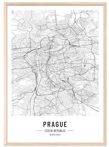 JUNOMI® Prag Poster DIN A4 mit Rahmen Natur, DIN A4 Wohnzimmer Deko, Modernes Wandbild, Prag Bild, Wandbild mit Rahmen, Stadtplan Poster Prag, perfekte Geschenkidee für Prager