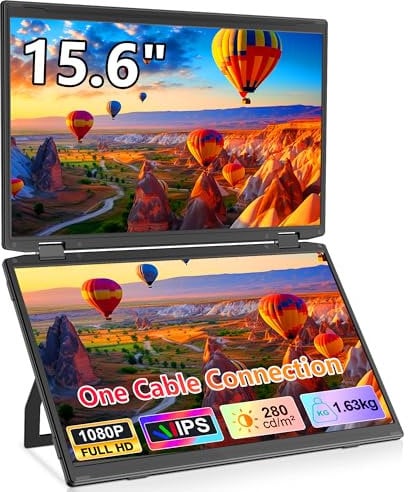 15.6'' Laptop Screen Extender, 1080P Portable Monitor for Laptop, Folding Triple Screen Monitor Extender for Mac/Wins/Android with Kickstand, Plug & Play, VESA, Built-in HUB, One Cable Connection