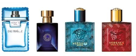 Vrsace Man 4 x 5 ml Mini Travel Eau Parfum Geschenkset Fraiche, Dylan Blue, Eros Eau de Toilette, Flame Eu de Parfum
