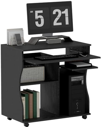 HOMCOM Computer Desk with Sliding Keyboard Tray, Mobile Home Office Desk, Study Table with Storage Shelves, PC Desk on Wheels, Black