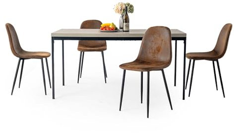 FurnitureR Ensemble table de salle à manger, table de cuisine en bois gris et 4 chaises en daim, table de cuisine pour salle à manger, salon, 150 x 75 x 75 cm, bureau gris, pieds noirs + chaises en