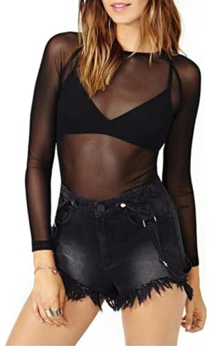 OUDQFCJ Camiseta, Malla Transparente con Cuello Redondo y Manga Larga, Material Suave y Transpirable, Elegante Blusa de Rejilla, Top Negro, Ropa Sexy y Versátil para Clubwear, Fiestas Looks Diarios