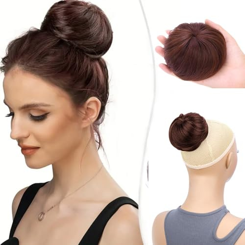 XFSRG Haarteil Mit Gummiband Dutt Haarteil Haargummi Mit Haaren Gelockt Haardutt Synthetisch Kurzes Pferdeschwanz Brötchen für Damen Mädchen（Dunkelbraun）