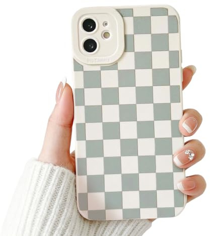 NITITOP Compatible with iPhone 11 Case Cute Checkerboard Checkered Aesthetic Pattern for Women Girl Lattice Plaid Soft TPU Shockproof Full Camera Protection Cover - White&Greyish Green