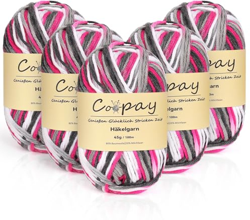 Coopay Wolle zum Häkeln, 5 x 45g Farbverlauf Häkelgarn, 5-Fädig Wolle zum Stricken, Weicher Häkelgarn Mehrfarbig, Bunt Garn zum Stricken Häkeln, Schönes Acrylgarn für Anfänger,Schwarz Weiß Rosa