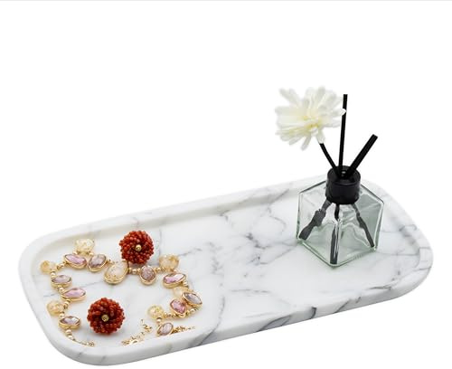 Marmor Natural Marble Bathroom Tray for Perfume, Candles, Jewelry Stone Vanity, Bathroom & Kitchen Counter Organizer and Home Decor (Statuario White Marble Tray)