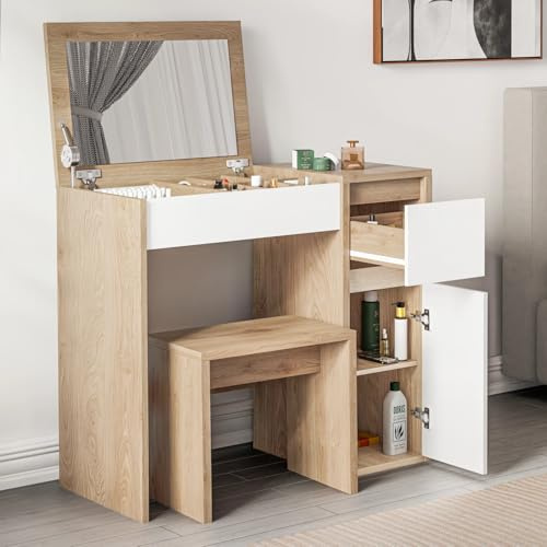Blisswood Dressing Table with Flip Up Mirror and Stool, Vanity Makeup Table Drawers Storage Unit Cosmetic Bedroom Dresser Make Up Desk For Living Room, Bedroom Furniture (Oak/White)