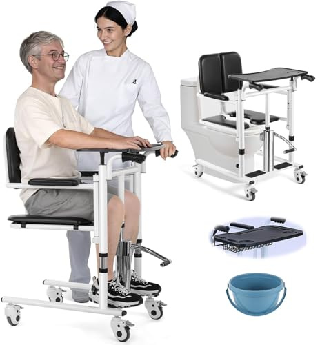 LADECNERHT Patientenlifter Transferstuhl Toilettenstuhl Für Senioren, Höhenverstellbar Von 42–65 cm,3-Stufig Höhenverstellbare Armlehnen,Maxtragfähigkeit 200 Kg,Hydraulischer Aufzug Black