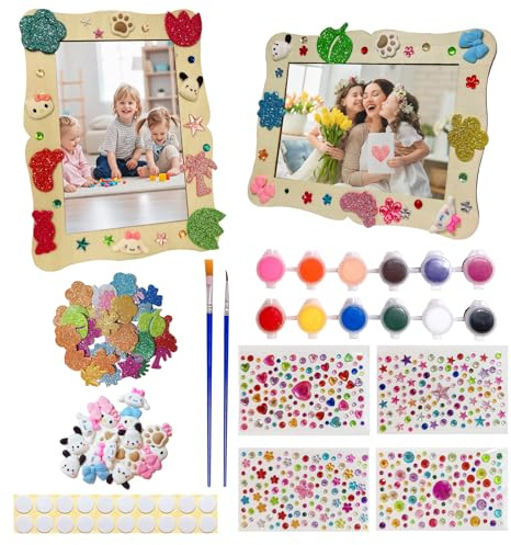 TanyoKing 6er-Set Holzbilderrahmen zum Bemalen für Kinder, Handgefertigtes Rahmen-Set mit 12 Wasserfarben, Glitzersteinen & 3D-Stickern, 3 Funkelnde Strassstein-Sheets