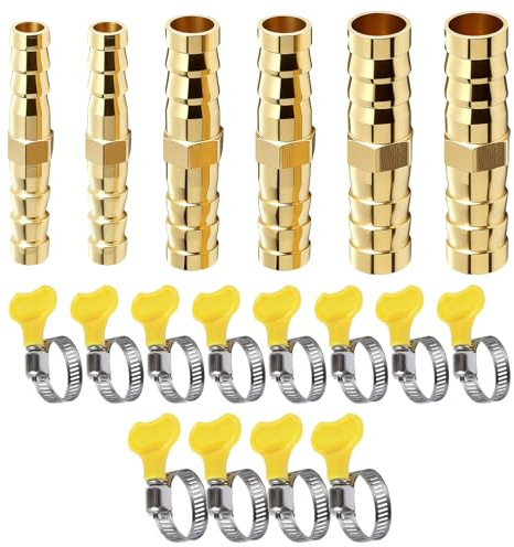 18 Pcs Brass Barb Hose Fittings and Hose Clamps, 2-Way Straight Coupler, Fuel Line Connector for Air Hoses, Air Pipes, Fuel Lines, Water Pipes (6/8/10MM)