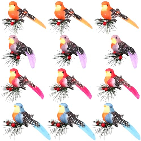 Haiabei 12 Stück künstliche Vögel zum Anklipsen an Tannenzweigen, für Osterstrauß,realistische gefiederte Vögel, realistische Kunstvögel, Dekor, gefiederte Singvögel, Clips für Baum, Garten,DIY