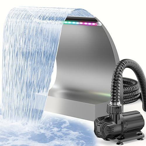 POPOSOAP 300C Pond Waterfall Spillway Kit 6000L/h for Garden Ponds, Pools | 30cm Stainless Steel Outlet, 24V DC Water Pump with LED Lights, Beautiful Water Flow for Backyards