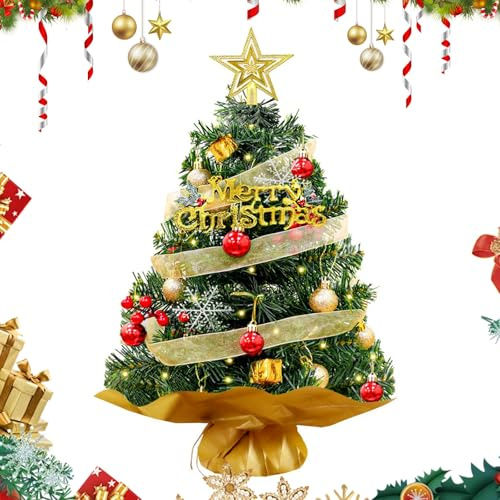 Mineup 60 Cm Mini Weihnachtsbaum Mit Beleuchtung LED, Kleiner Künstlicher Weihnachtsbaum,Tannenbaum Mit Stern-Baumspitze,Weihnachtskugeln Für Weihnachten Dekoration,Advent,Home Office Esstisch Desktop