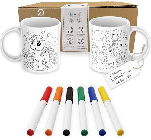 Quodelo - Tazas para Pintar y Hornear - 2 Tazas Diseño Unicornios + 6 Rotuladores Cerámica - Actividad Creativa Infantil para Cumpleaños, Fiestas y Manualidades