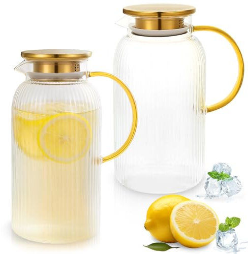 2 Stück Wasserkaraffe Glas 2 Liter mit Deckel für Kühlschrank, Limonade