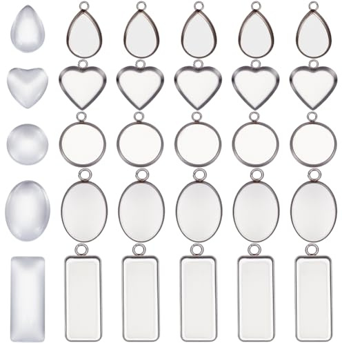 SOFPLATE 1 Schachtel Mit 60 rechteckigen Anhängerfassungen Aus Silber Mit Glascabochon Edelstahl Silberfarben Herzförmig Rund Gewölbt Flach Für Schmuckanhänger Halsketten Und DIY Bastelarbeiten