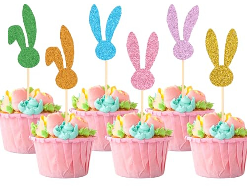 Gleevio 24 Stück Hasenohren Tortendeko Ostern Cupcake Deko Bunt, Glitzer Ostern Deko Kuchen, Hasenohren Muffin Dekoration, Hase Tortendeko, Happy Easter Kuchendeko für Osterparty Frühlingsparty