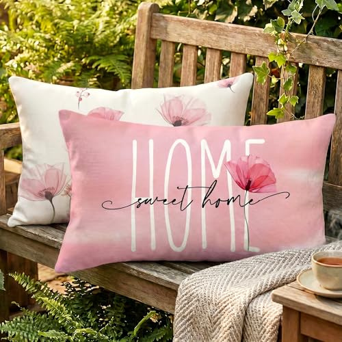 Wasserdichter Outdoor Kissenbezug 30x50, 2er Set Garten Balkon, Doppelseitig Rosa Blumen Design, Modern Dekokissen Leinen-Polyester Mix, Sommerfest für Garten Sofa Couch Wohnzimmer Schlafzimmer
