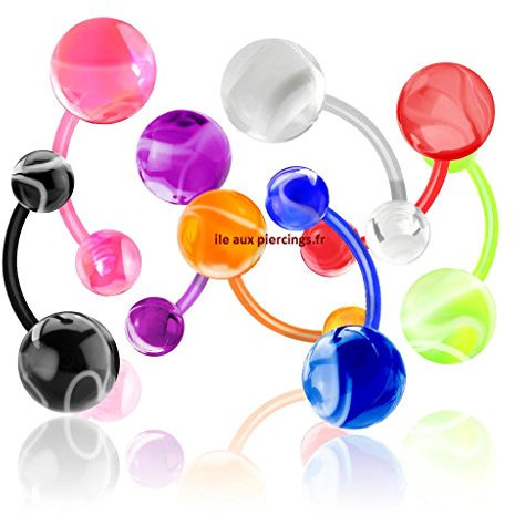Bioflex Lot de 8 Piercings en Plastique Flexible Debut Grossesse Femme Enceinte Bijou marbre Boule Acrylique Nombril