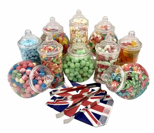 Vintage Viktorianischer Pick & Mix Union Jack Britische Flagge UK Candy Buffet-Set – 10 kleine Marmeladengläser