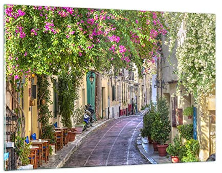 ARTTOR Wandbilder Dekoration Wohnzimmer Straße dekoration blumen griechenland Bilder auf Glas 120x80cm Glasbild Schlafzimmer Küche Deko Wand Kunstdruck Art Groß XXL Wanddeko Modern GAA120x80-2429