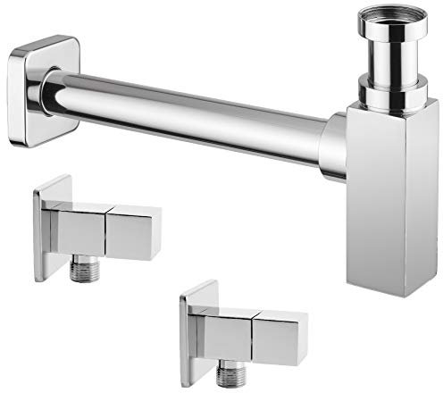 Design Siphon Set Quadro mit Eckventilen - aus massiven Messing-verchromt
