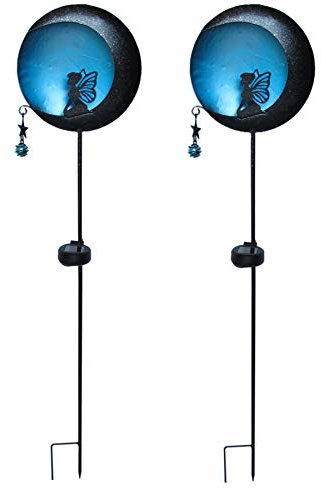 2-er Set Solar Metall Gartenstecker, Motiv: Elfe im Mondlicht in der Farbe violett oder blau, bis zu 6 Stunden Leuchtdauer, schnelle & einfache Motage, inkl 200mAh Akku (blau)