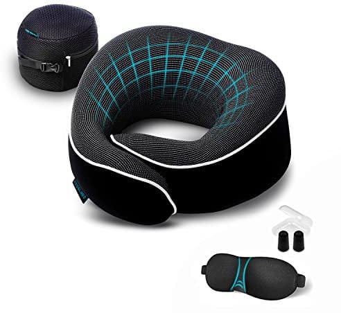 Proglobe Nackenkissen Flugzeug, Reisekissen 100% Memory Foam, Orthopädisches Nackenhörnchen, Ideal für Reisen mit Flugzeug, Auto, Zug, Mit 3D-Schlafmaske, Hochwertige Netztasche (Schwarz)