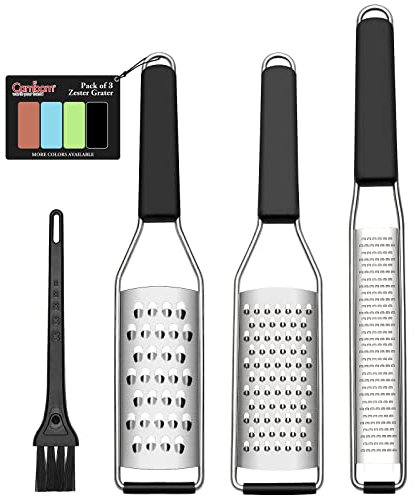 Lemon Zester Cheese Grater Citrus Zester Pack of 3-304 Stainless Steel - A Sharp Tool for Parmesan Cheese, Ginger, Garlic, Nutmeg, Chocolate, Vegetables，Fruits，Dishwasher Safe with Cleaning Brush