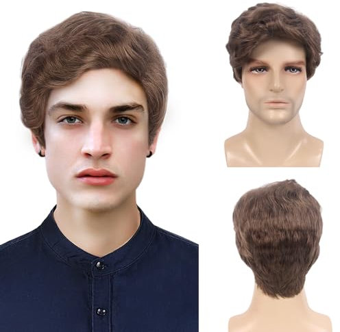 REEWES Herren-Perücke hellbraun, kurz, lockig, gestuft, gewellt, natürlich, synthetisch, Vollperücke für Herren, für den Alltag, Partys, Kostüme, Cosplay