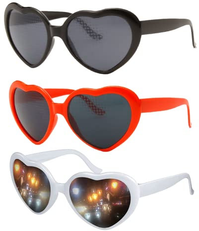 Herz Effekt Brille 3 Stück Heart Effect Glasses Diffraktion Brille Herz Brille Effekt 3D Herze Brille Herz Brille Beugungs für Kostümfest Fasching Musik Freien Party Bar Feuerwerk Schwarz,Rot,Weiß