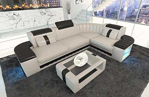 Sofa Bergamo Leder L Form Ecksofa Ledersofa mit Beleuchtung Couch mit Kopfstützen (Ecke rechts, Beige-Schwarz)