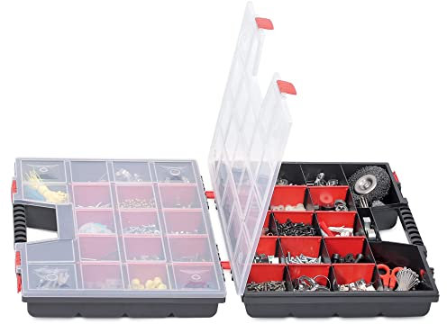 Kistenberg Sortimentskasten Kleinteilemagazin Sortierbox Sortierkasten Doppelorganisatoren für Kleinteile (herausnehmbare Trennwände, transparenter Deckel, klappbar, 490 x 390 x 130 mm)